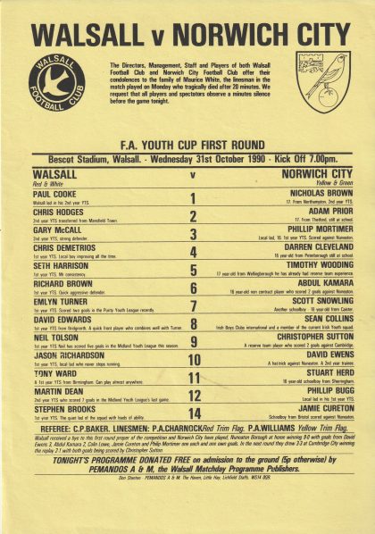 Walsall Youth v Norwich City Youth    31-Oct-1990