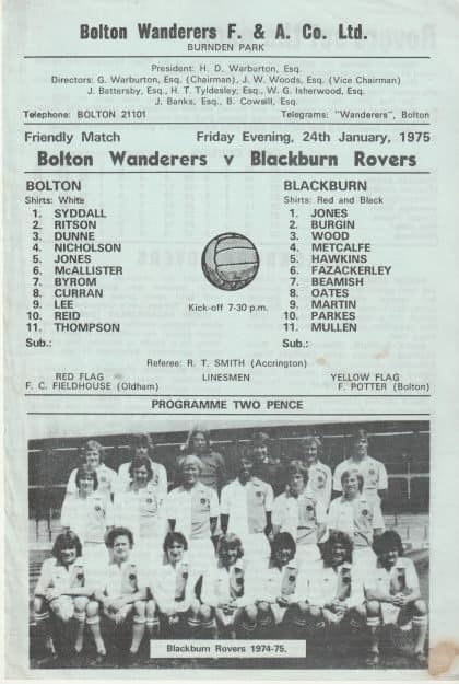 Bolton Wanderers v Blackburn Rovers 24-Jan-1975