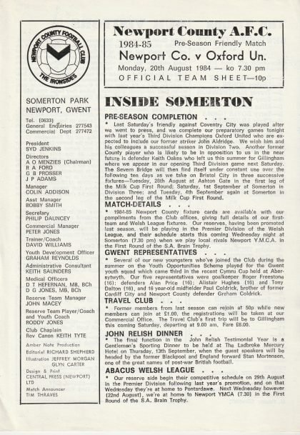 Newport County v Oxford United 20-Aug-1984