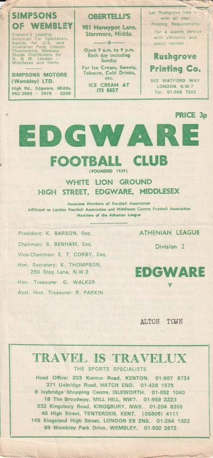 Edgware v Alton Town 30-Mar-1974