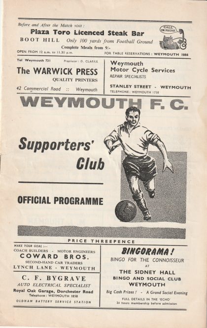 Weymouth Reserves v Bridgwater Town   06-Nov-1965