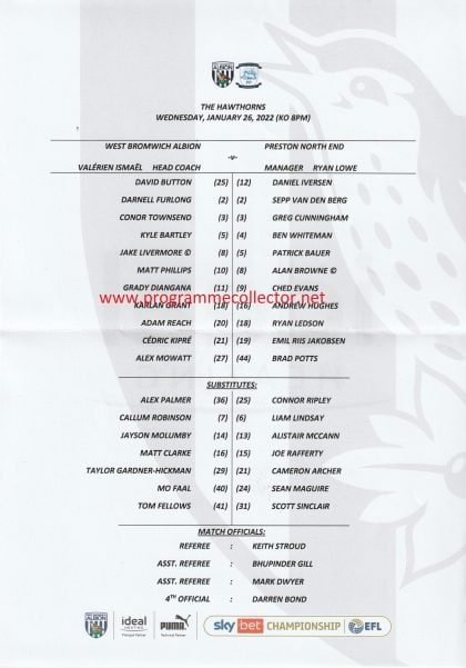 West Bromwich Albion v Preston North End  26-Jan-2022