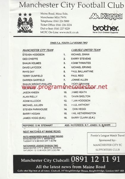 Manchester City Youth v Carlisle United Youth 1998-99