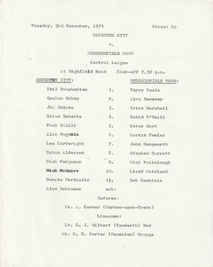 Coventry City Reserves v Huddersfield Town Reserves 03-Dec-1974