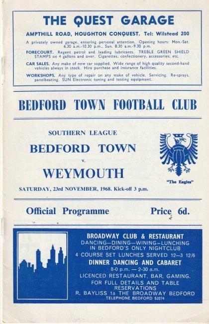 Bedford Town v Weymouth   23-Nov-1968