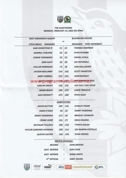 West Bromwich Albion v Blackburn Rovers 14-Feb-2022