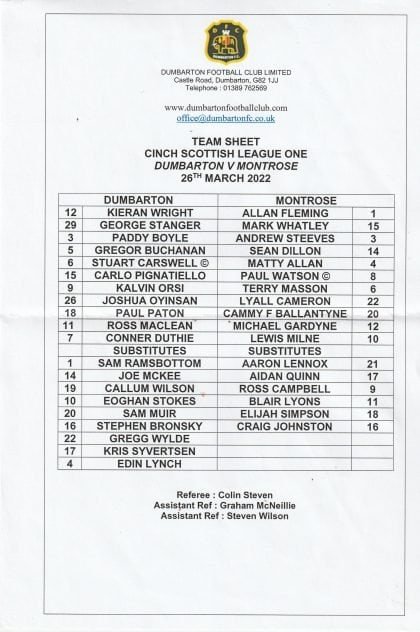 Dumbarton v Montrose  26-Mar-2022