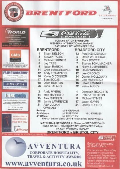 Brentford v Bradford City 20-Nov-2004