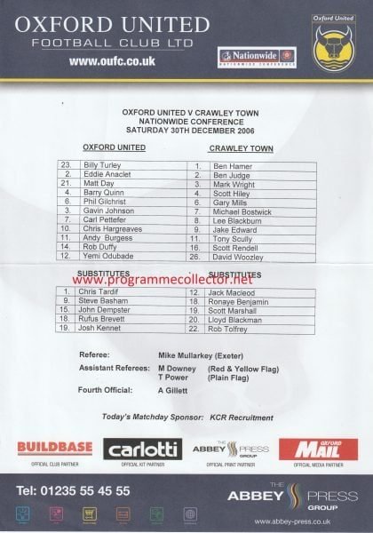 Oxford United v Crawley Town 30-Dec-2006