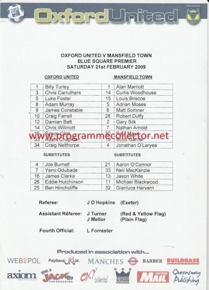 Oxford United v Mansfield Town  21-Feb-2009