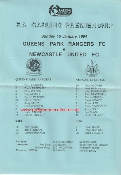 Queens Park Rangers v Newcastle United  16-Jan-1994