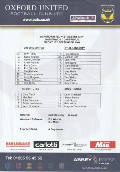 Oxford United v St Albans City  01-Sep-2006