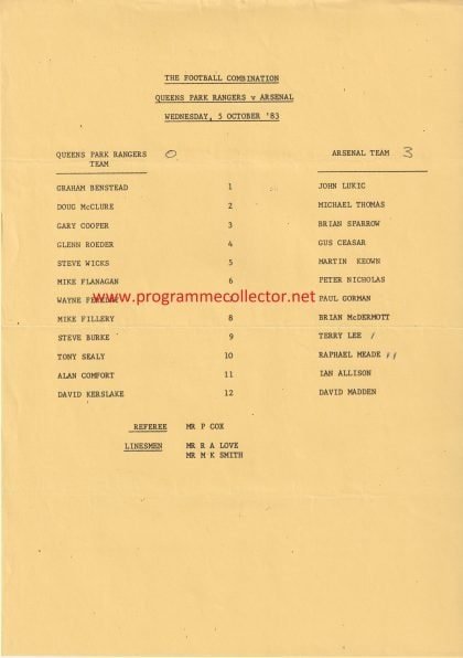 Queens Park Rangers Reserves v Arsenal Reserves 05-Oct-1983
