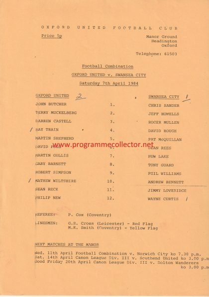 Oxford United Reserves v Swansea City Reserves  07-Apr-1984
