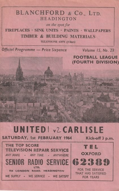 Oxford United v Carlisle United  01-Feb-1964