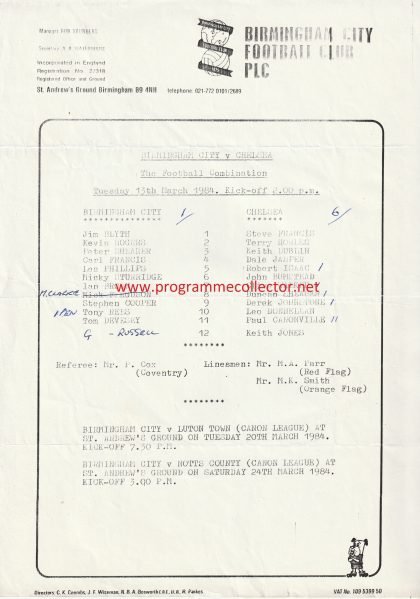 Birmingham City Reserves v Chelsea Reserves  13-Mar-1984