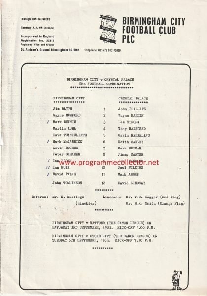 Birmingham City Reserves v Crystal Palace Reserves 1983-84