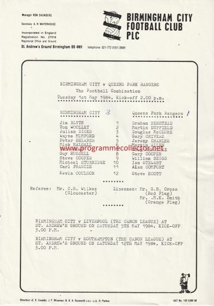 Birmingham City Reserves v Queens Park Rangers Reserves 01-May-1984