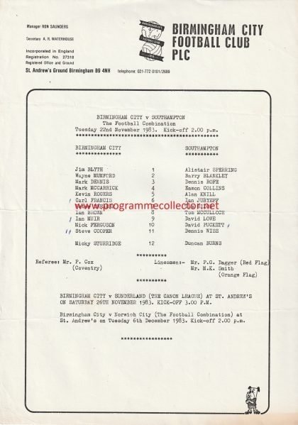 Birmingham City Reserves v Southampton Reserves  22-Nov-1983