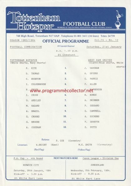 Tottenham Hotspur Reserves v West Ham United Reserves  21-Jan-1984