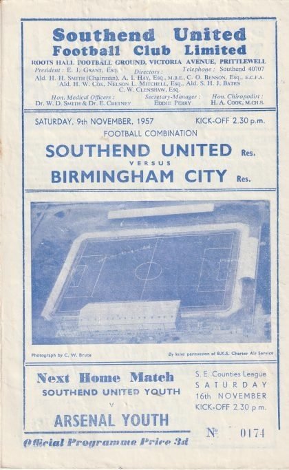 Southend United Reserves v Birmingham City Reserves 09-Nov-1957