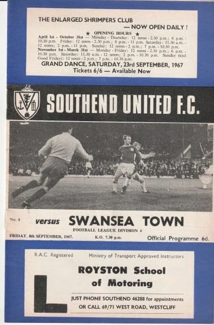 Southend United v Swansea Town    08-Sep-1967