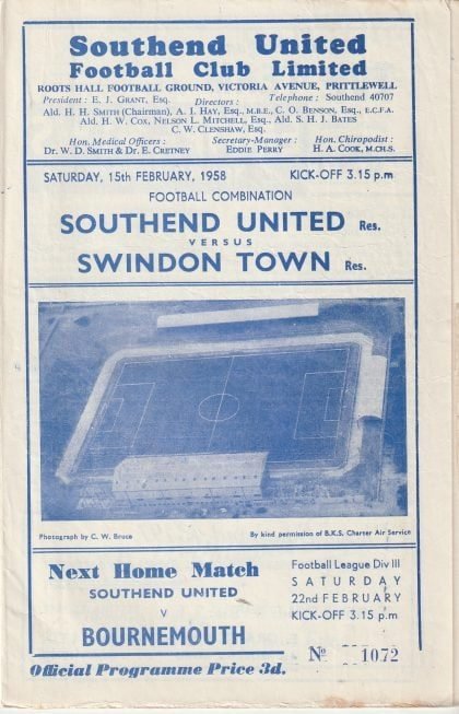Southend United Reserves v Swindon Town Reserves 15-Feb-1958