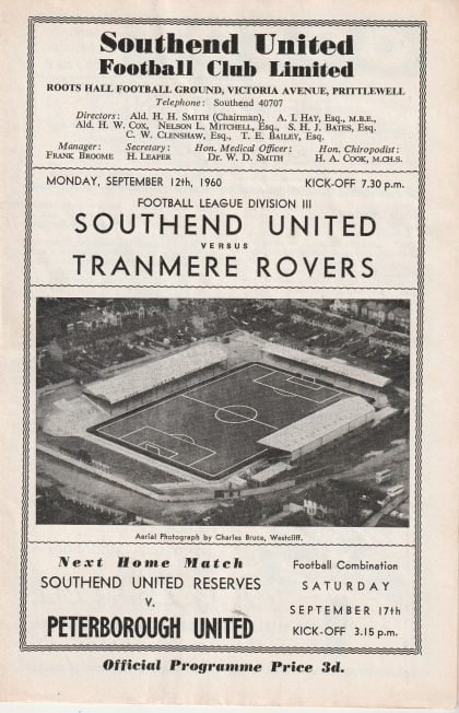 Southend United v Tranmere Rovers 12-Sep-1960