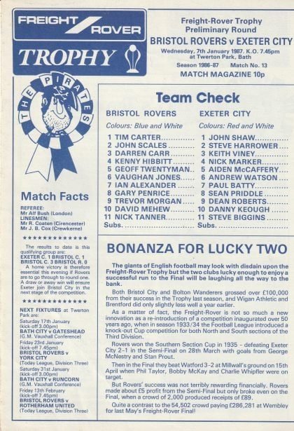 Bristol Rovers v Exeter City  07-Jan-1987