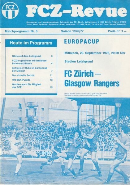 FC Zurich v Glasgow Rangers  29-Sep-1976