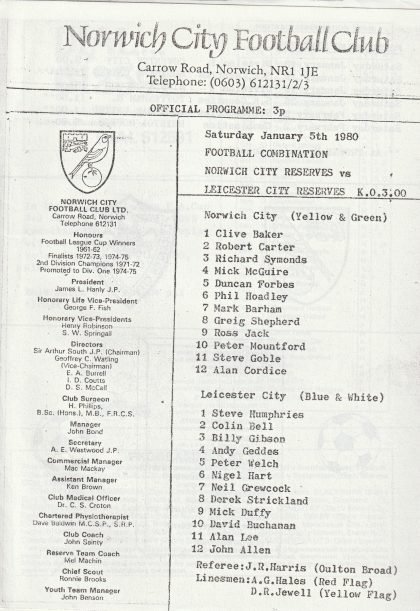 Norwich City Reserves v Leicester City Reserves  05-Jan-1980