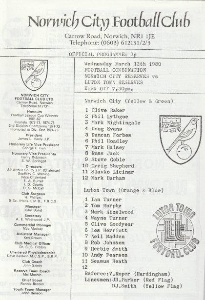 Norwich City Reserves v Luton Town Reserves  12-Mar-1980