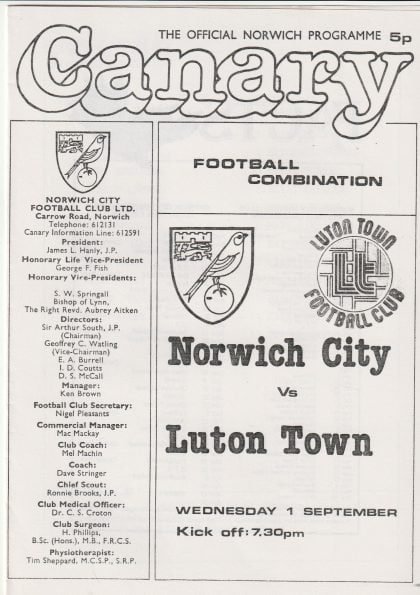 Norwich City Reserves v Luton Town Reserves  01-Sep-1982