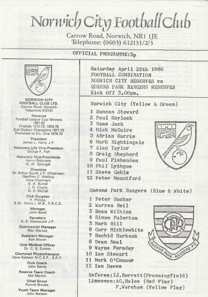 Norwich City Reserves v Queens Park Rangers Reserves  26-Apr-1980