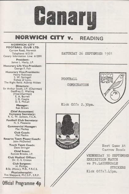 Norwich City Reserves v Reading Reserves 26-Sep-1981