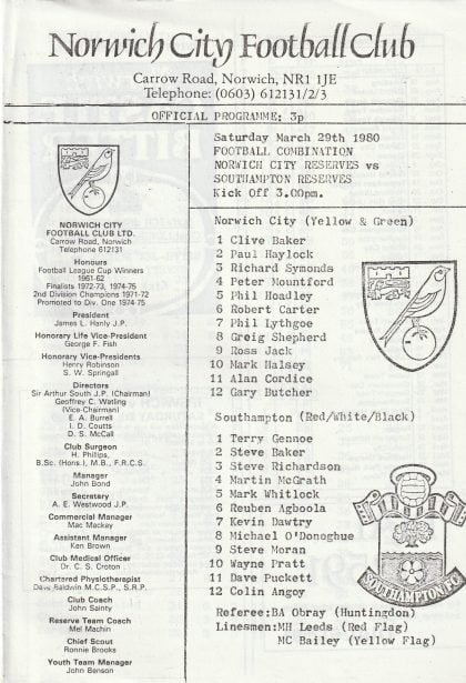 Norwich City Reserves v Southampton Reserves 29-Mar-1980
