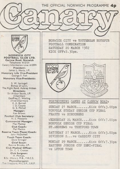 Norwich City Reserves v Tottenham Hotspur Reserves  20-Mar-1982