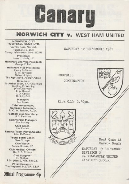 Norwich City Reserves v West Ham United Reserves  12-Sep-1981