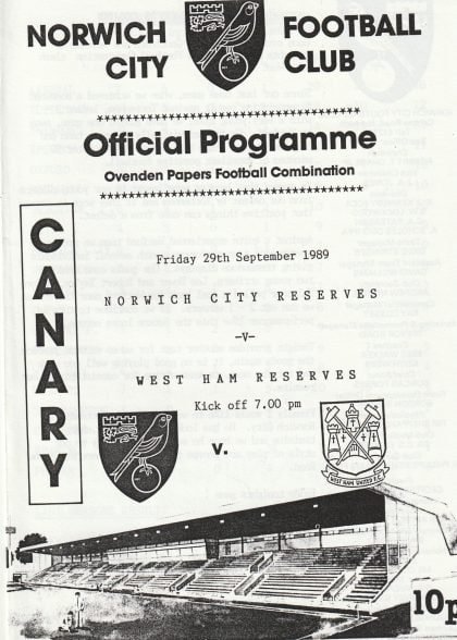 Norwich City Reserves v West Ham United Reserves  29-Sep-1989