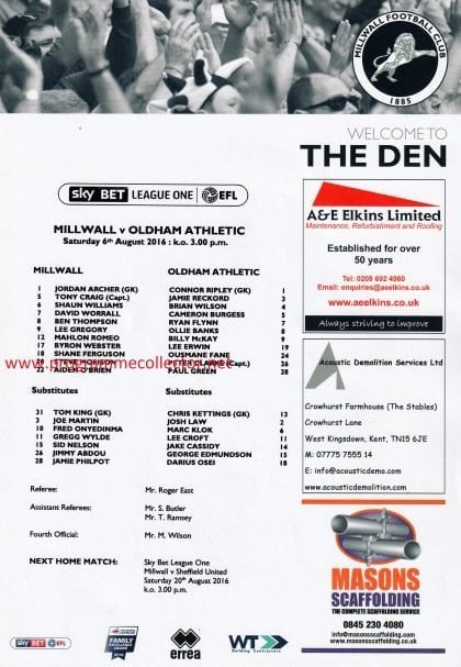 Millwall v Oldham Athletic 06-Aug-2016
