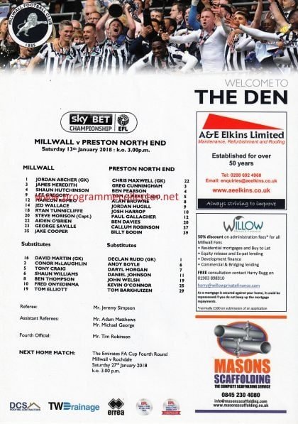 Millwall v Preston North End 13-Jan-2018