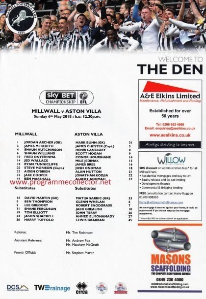 Millwall v Aston Villa  06-May-2018