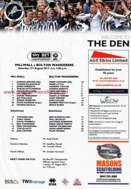 Millwall v Bolton Wanderers  12-Aug-2017
