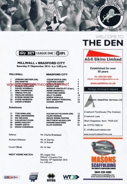 Millwall v Bradford City    03-Sep-2016