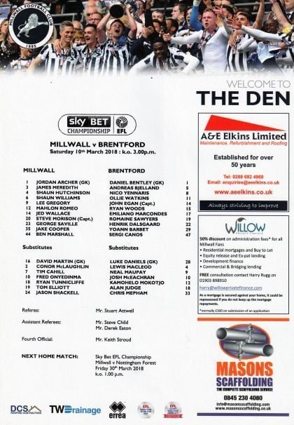 Millwall v Brentford  10-Mar-2018