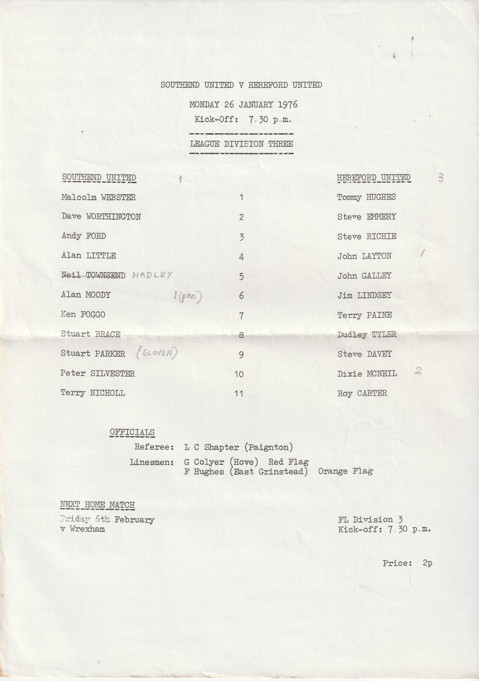 Southend United v Hereford United 26-Jan-1976