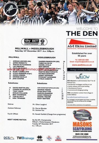 Millwall v Middlesbrough   16-Dec-2017
