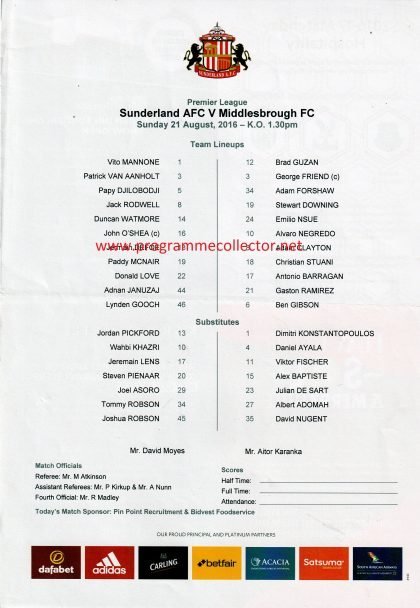 Sunderland v Middlesbrough  21-Aug-2016