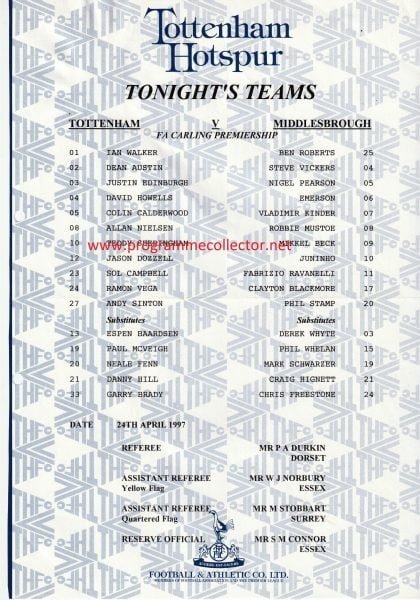 Tottenham Hotspur v Middlesbrough 24-Apr-1997