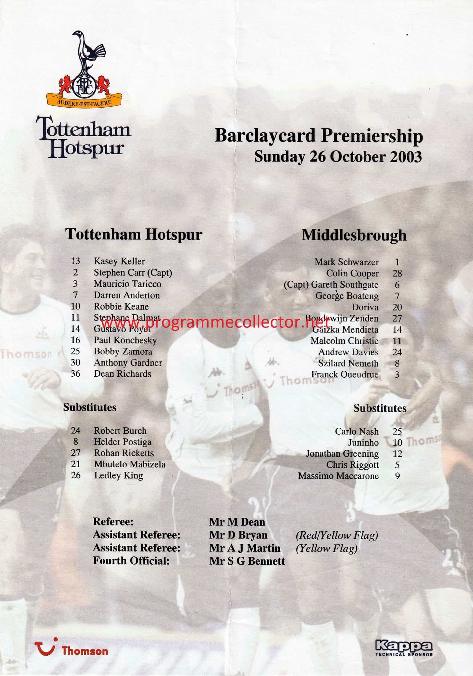 Tottenham Hotspur v Middlesbrough 26-Oct-2003
